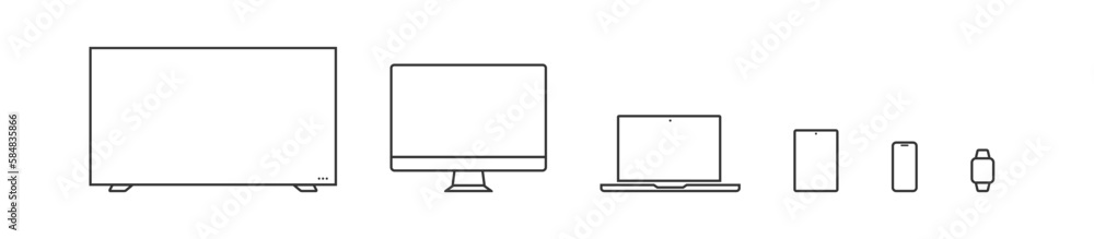 Device set line icons. Digital screen template: TV, computer, laptop, smartphone and smartwatch. Isolated vector flat technology illustration - obrazy, fototapety, plakaty 