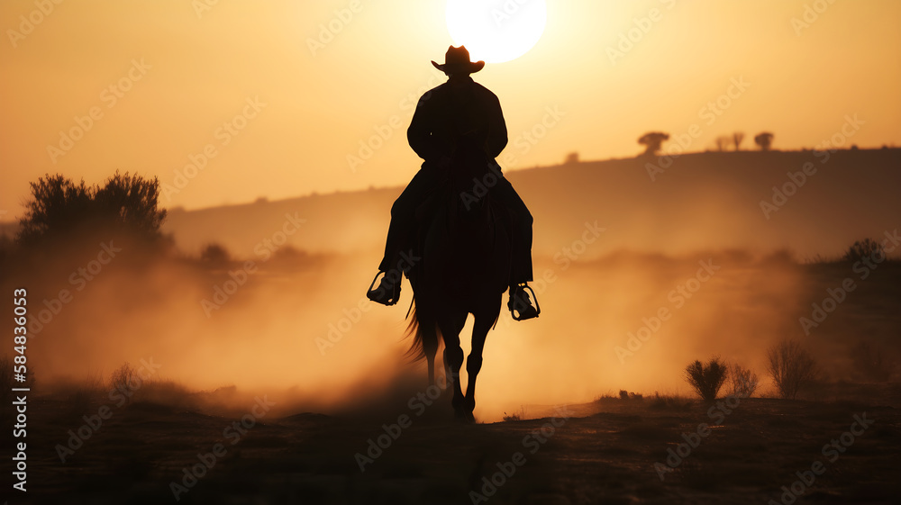 Silhouette of a lonely cowboy at sunset in the American West, illustration ai generative Silhouette of a lonely cowboy at sunset in the American West, illustration ai generative