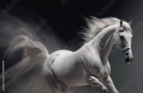 White andalusian horse with long mane run in dust against dark background