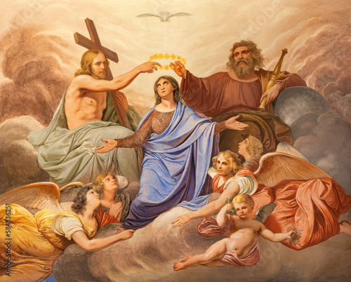 GENOVA, ITALY - MARCH 7, 2023: The fresco of Coronation of Virgin Mary in the church Chiesa di Francesco da Paola by Giuseppe Isola (18. cent.).