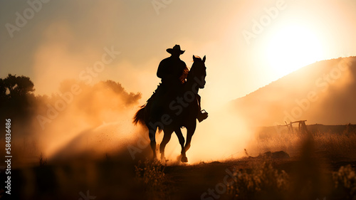 Cowboy on horse at sunset in the Wild  illustration ai generative