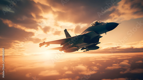Jet fighter flying in a sunset sky, illustration ai generative photo