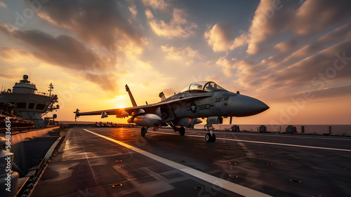 Jet fighter on an aircraft carrier at sunset, illustration ai generative photo