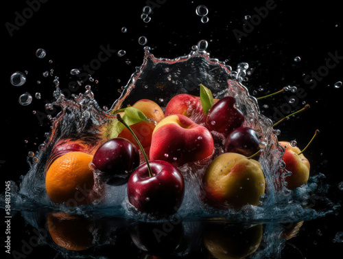 splash of fruit input on a dark background.generative AI.