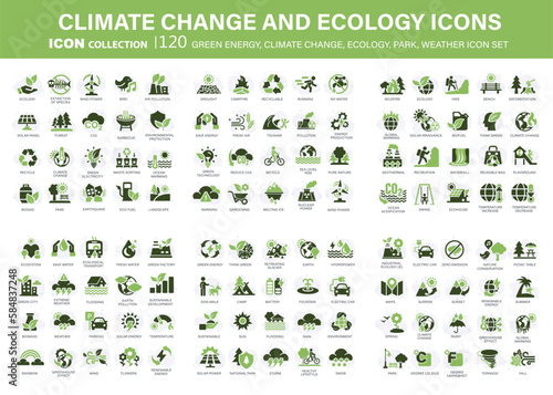 Climate change, ecology, green energy, park and weather 120 icon set. Containing global warming, renewable energy, greenhouse, melting ice, earth pollution, outdoor activity. Flat vector illustration