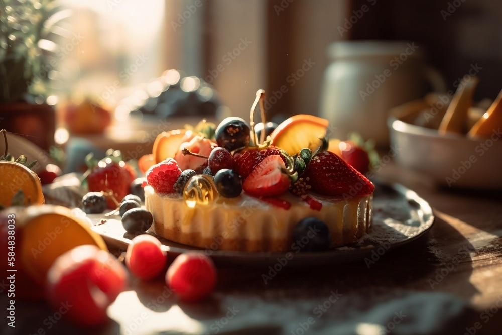 pastry with cream garnished with berrys, kitchen scene with natural sunlight, generative ai pastry with cream garnished with berrys, kitchen scene with natural sunlight, generative ai