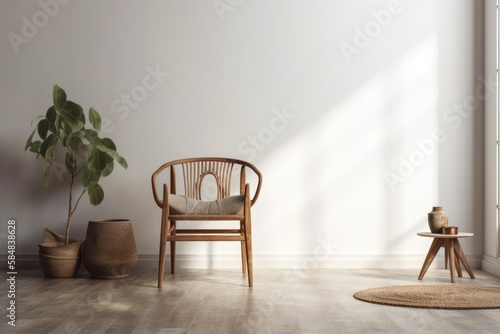 Wooden chair on empty white wall, rustic living room mockup,. Generative AI