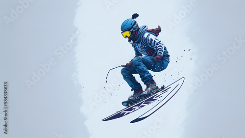 illustration painting of a snowboarding on white background. The snowboarder man doing a trick. Carving.