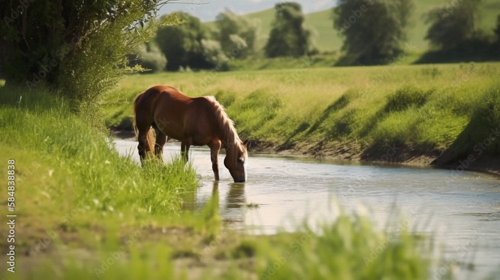 Fototapeta premium horse drinking water from a river. generate ai