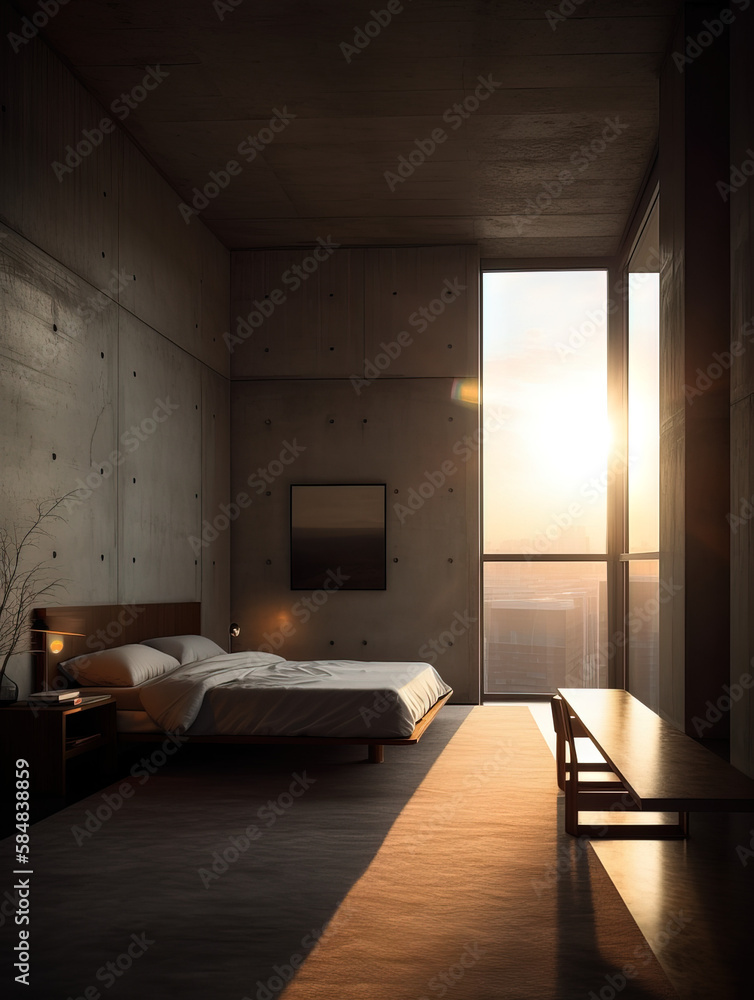 A bedroom with a modern minimalist design, king-sized bed, white linen, concrete walls, warm lighting, floor-to-ceiling windows, and a minimalist desk