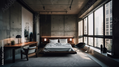A bedroom with a modern minimalist design  king-sized bed  white linen  concrete walls  warm lighting  floor-to-ceiling windows  and a minimalist desk