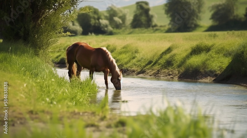 horse drinking water from a river. generate ai © Mariel