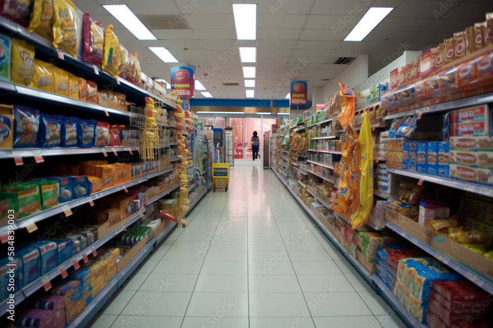 Supermarket aisle with no people. Generate ai