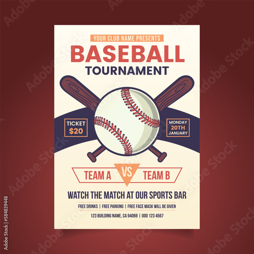 Baseball Tournament Poster Template with Ball and Crossed Bats