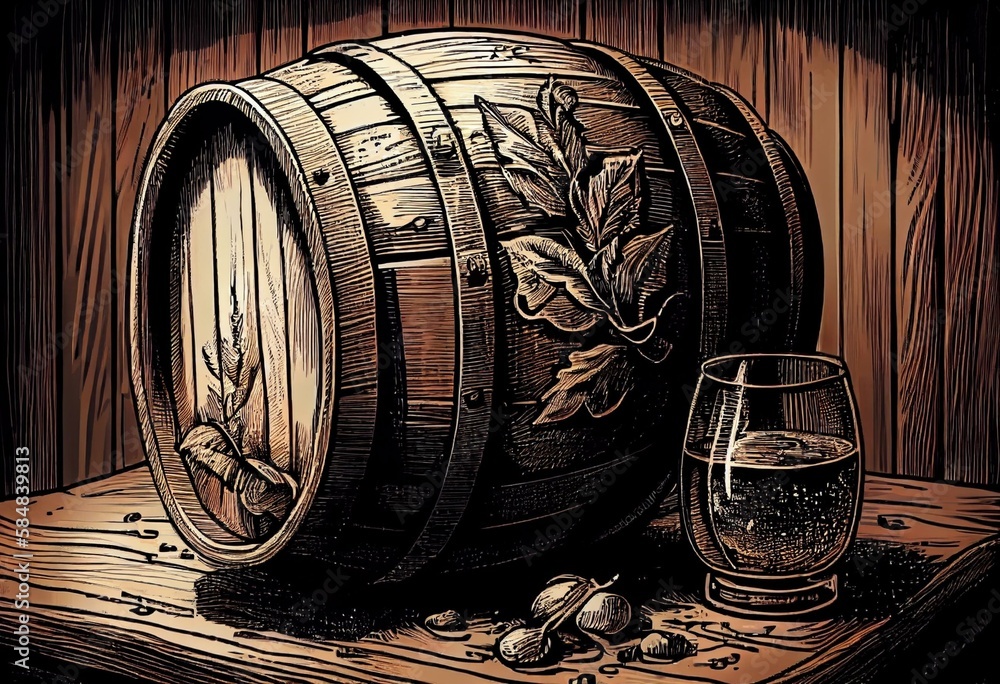 Cask or wooden barrel for storing alcohol. Hand drawn sketch