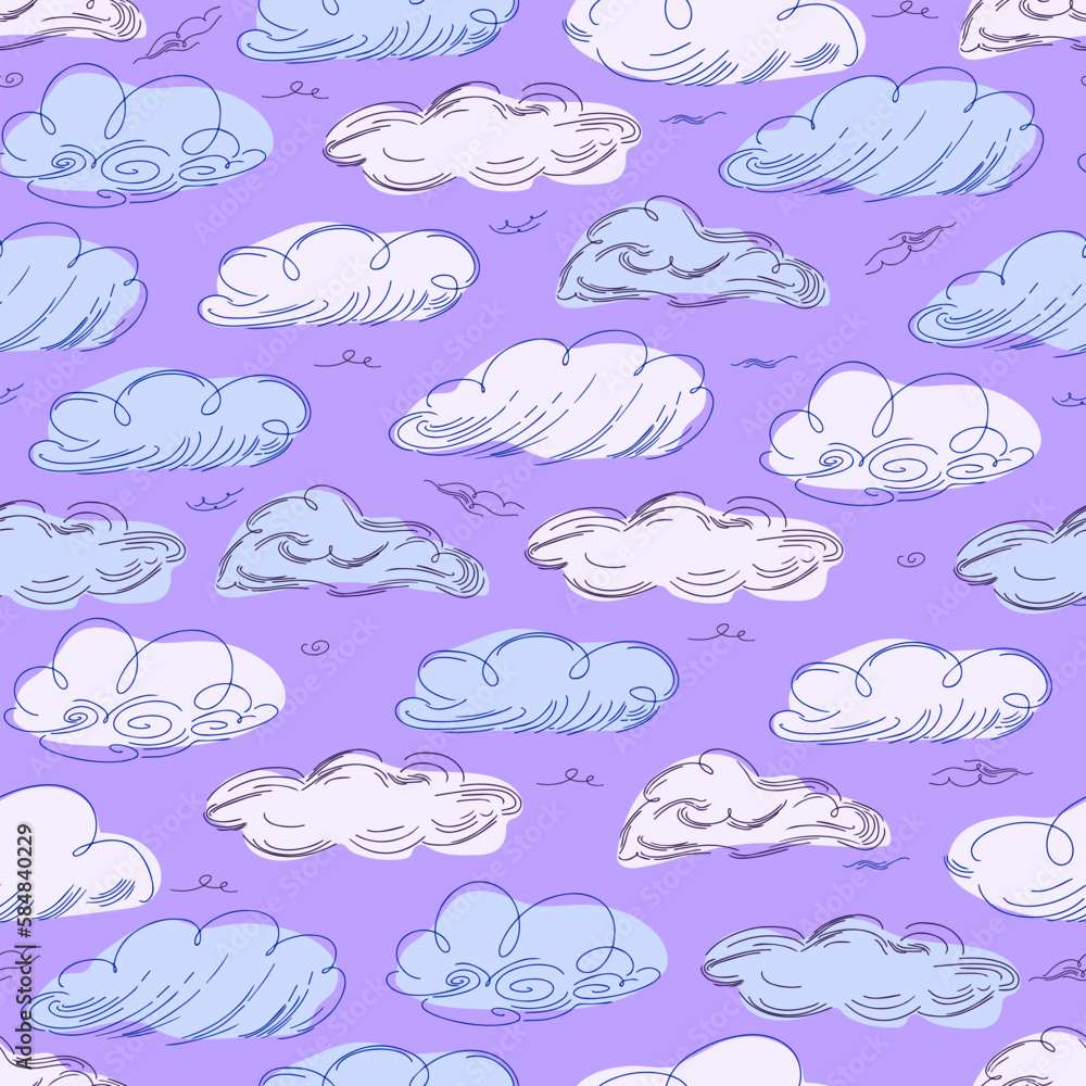 Seamless cloud pattern graphics in trendy style on white background. - obrazy, fototapety, plakaty 