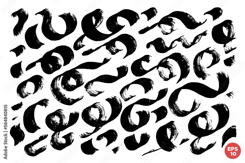 Ink brush drawn scribble vector set. Bold wavy shapes. Hand drawn calligraphy swirls. Vector graphic design elements set.