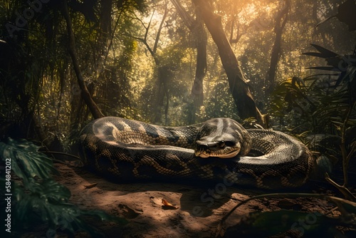 Green Anaconda basking in the sun in the Amazon Rainforest | Animal illustrations/backgrounds/wallpapers/portraits | photo