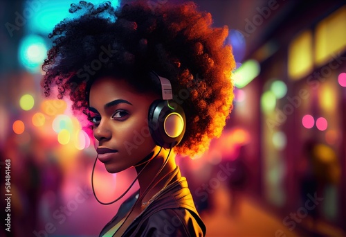 African American young woman with afro hair , wearing headphones and neon lights in urban environment. Generate Ai.