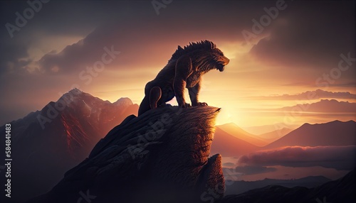 Big dragon-bear on top of a mountain at sunset. Generate Ai.