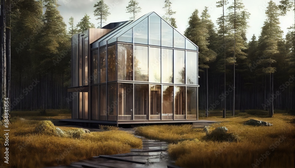 Glass house of the future made of wood and glass. Generate Ai.