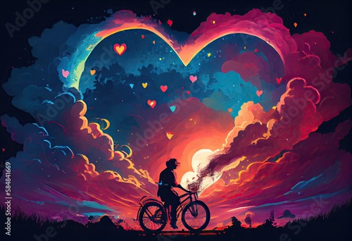 Illustration painting of love riding on bicycle. Generate Ai. © AI_images