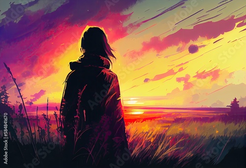 Illustration painting of lover on the meadow looking at the sunset. Generate Ai.