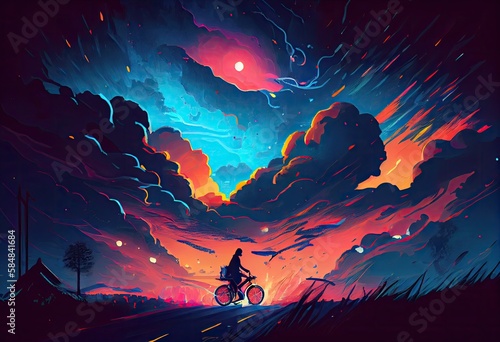 Illustration painting of love riding on bicycle. Generate Ai.