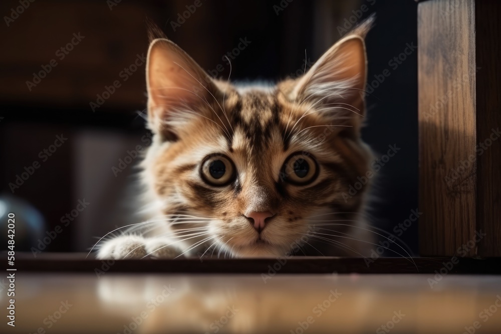 A cute young fluffy cat peeks out from behind the tabletop, a funny curious look. Generative AI