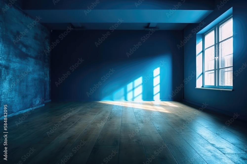 Blue empty wall and wooden floor with interesting light glare. Interior background for the presentation. Generative AI