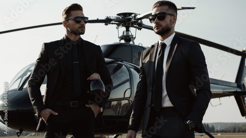Two bodyguards with a helicopter on the background photo