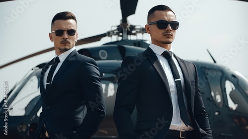 Two bodyguards with a helicopter on the background © AI Depot