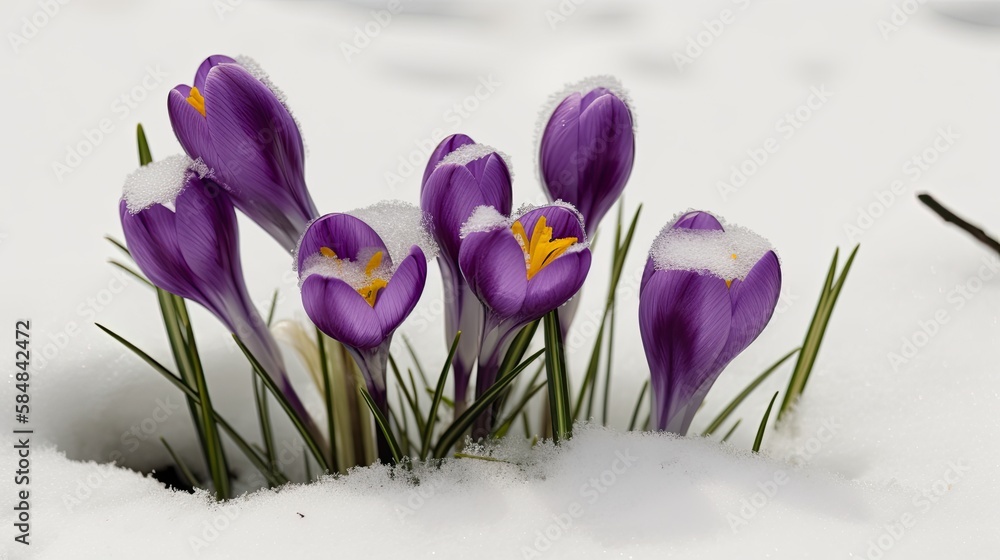 First flowers of the spring, crocuses in snow