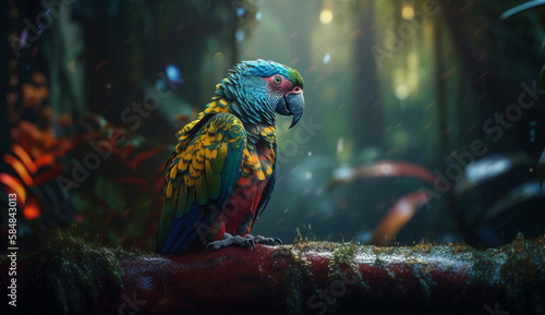 Colorful Parrot Bird Standing in the forest. Based on Generative Ai. © Dind's_Project