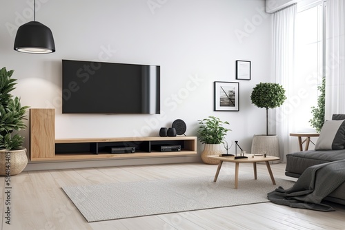 Minimalist TV room on white wall. Generative AI