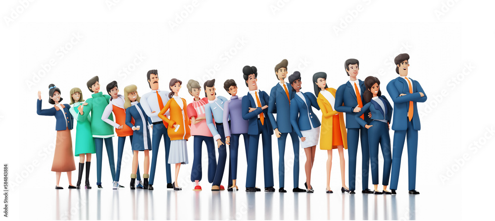 Team of successful business people standing in line at white. 3D rendering illustration