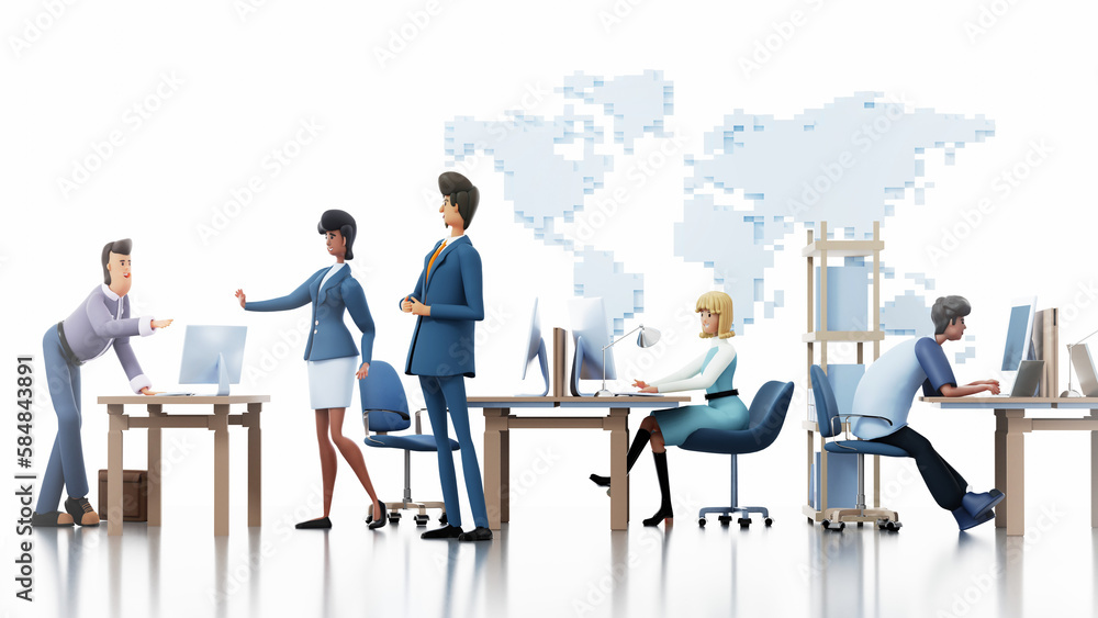 Successful team of business people working together in office, collaborating on a project, talking and sharing ideas. 3D rendering illustration Successful team of business people working together in office, collaborating on a project, talking and sharing ideas. 3D rendering illustration
