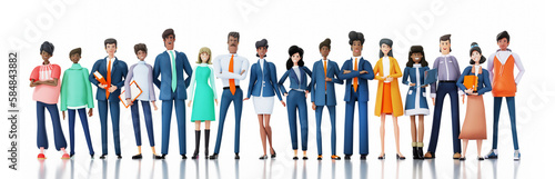 Team of successful business people standing in line at white. 3D rendering illustration