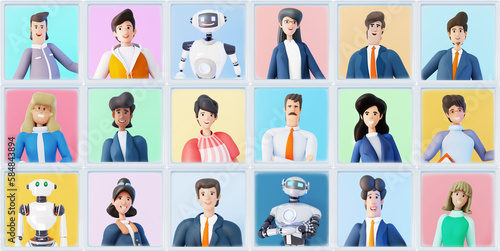 Vászonkép Online call illustration, background with lots of business people portraits together with robots