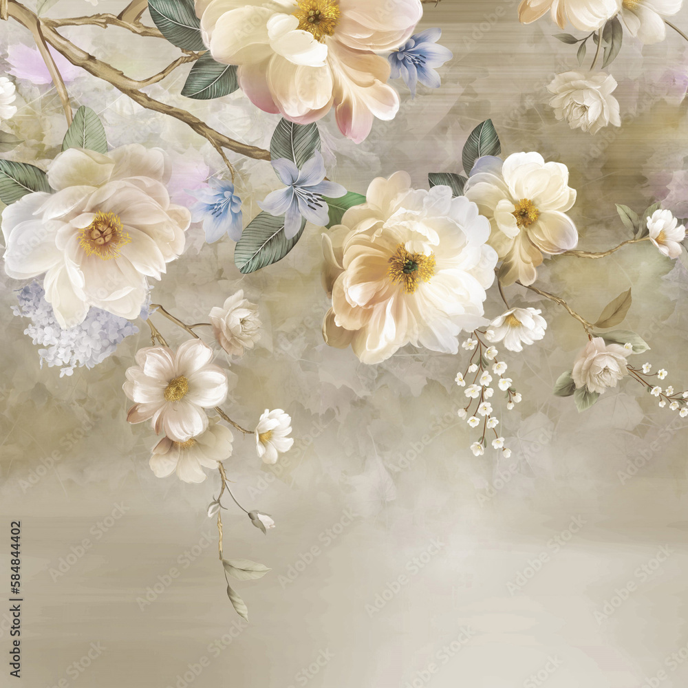 Watercolor, various flowers, and beautiful bamboo scenery Watercolor, various flowers, and beautiful bamboo scenery