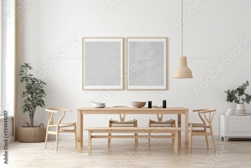 White and bleached dining room with frame mockup. Wallpaper  parquet. Japanese interiors. Generative AI