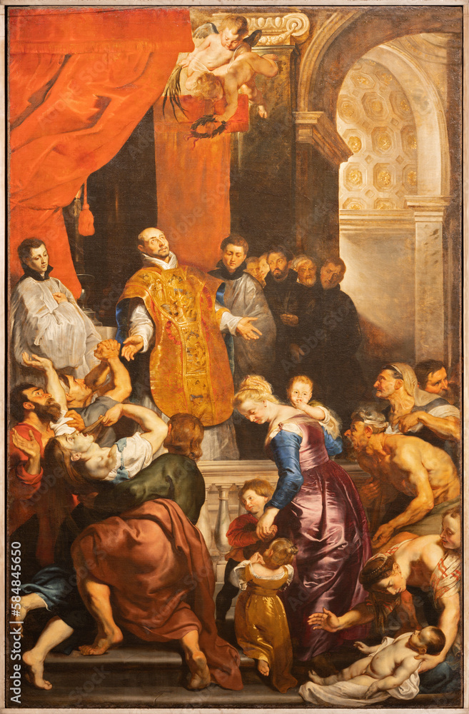 GENOVA, ITALY - MARCH 7, 2023: The painting Miracle of St. Ignace in the church Chiesa del Gesu e dei Santi Ambrogio e Andrea by Peter Paul Rubens (1577 - 1640).
