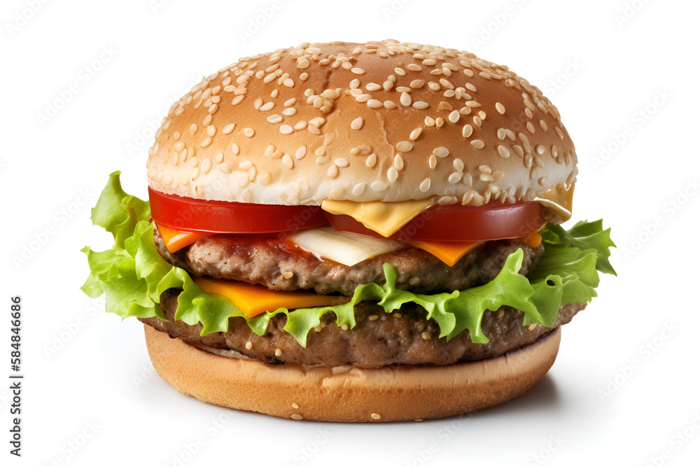 big tasty burger with cheese, tomatoes and meat on white background, created with Generative AI Technology big tasty burger with cheese, tomatoes and meat on white background, created with Generative AI Technology