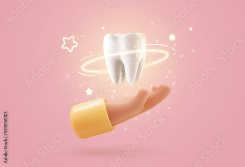 Tooth protection vector illustration. Dentist holding white tooth implant 3d cartoon on light background. Teeth dentistry banner template. Stomatology advertising web banner template