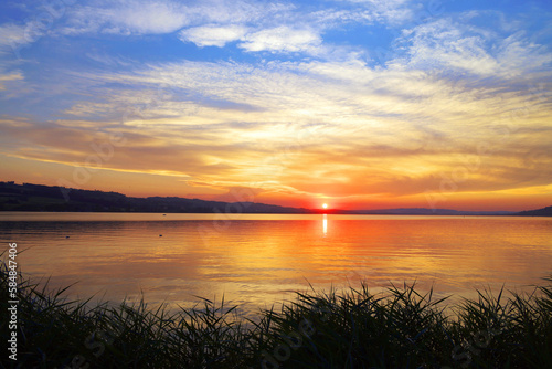 Sunset light over Sempach lake in Switzerland  Europe 