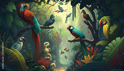 tropical colors illustration of trees and birds generative ai