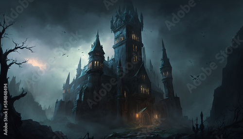 dark demonic castle ominous tower cloudy generative ai