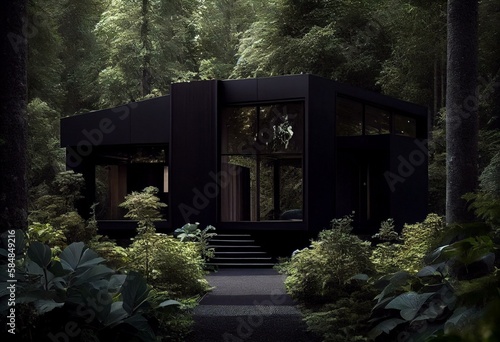 A stunning, all-black modernist home, surrounded by lush greenery in a secluded forest setting. Generative AI