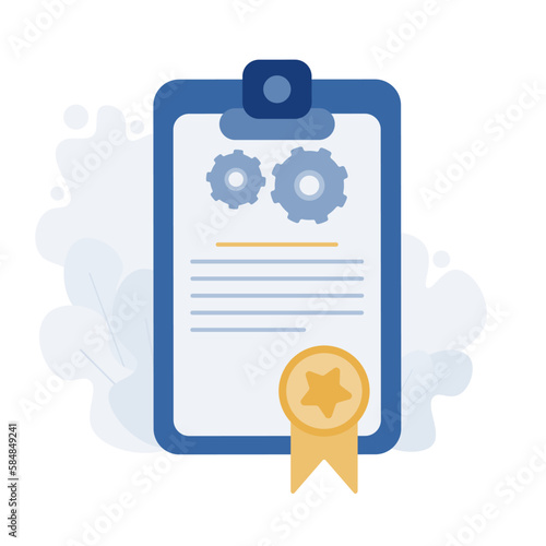 Quality Control Management. Concept of product quality control, inspection or test procedure focused on fulfilling requirements. Vector icon illustration