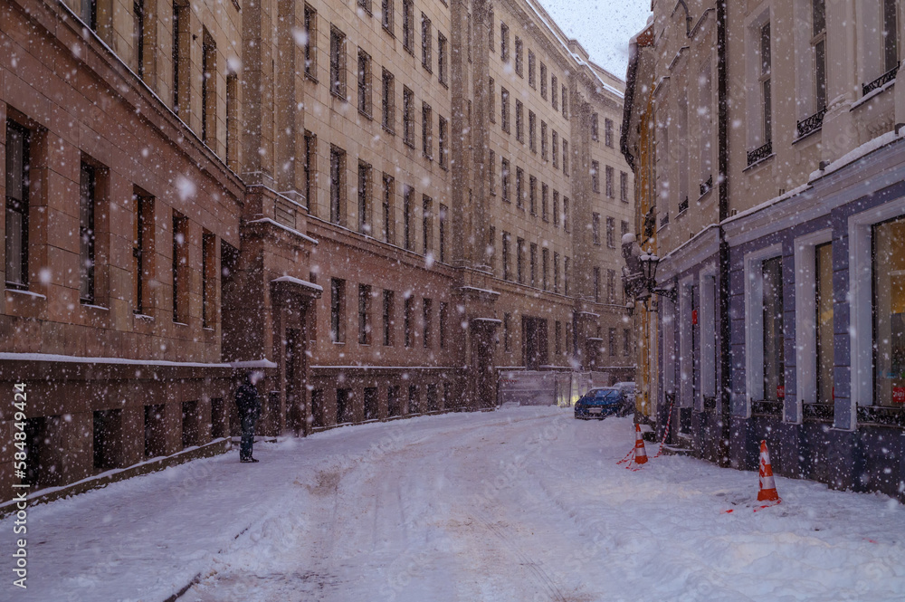 snow on the street in Old Riga in december 2021